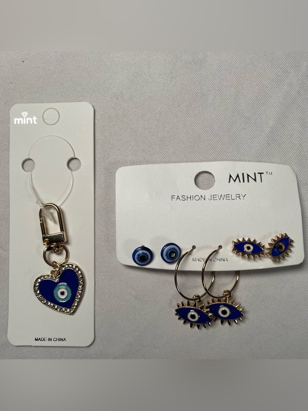 Evil Eye Accessory Bundle Stud Earrings Hoops Keychain Bag Charm Blue